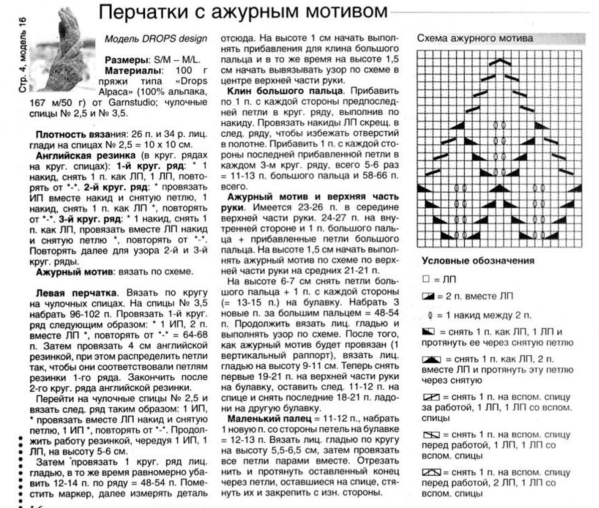 Схемы узоров для перчаток спицами, пример 5