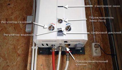 Устройства для регулировки и подключения газовой колонки Передняя панель